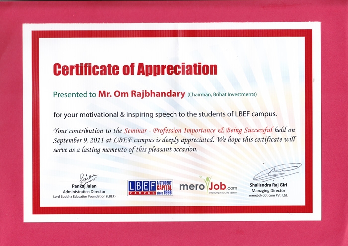 LBEF Certificate of Appreciation